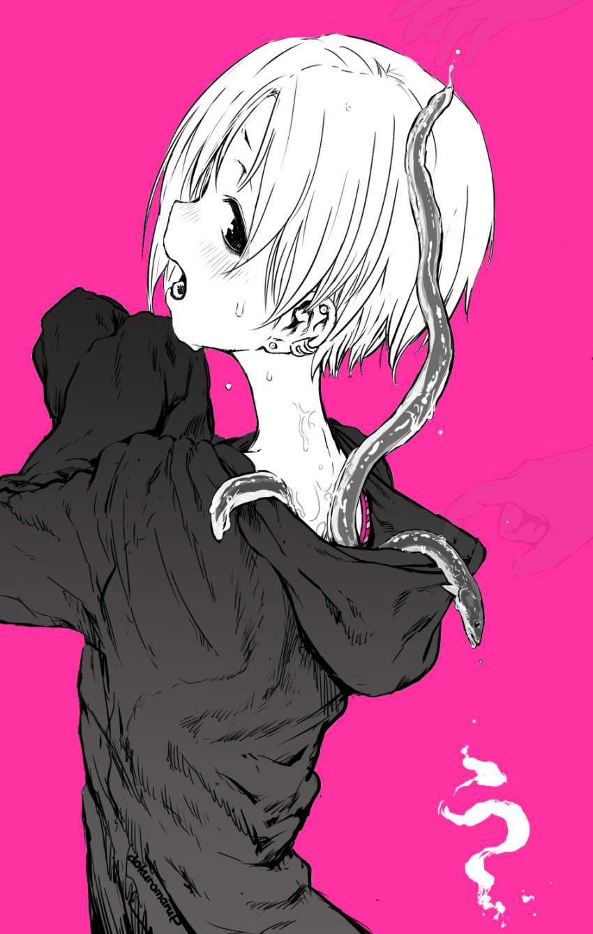 1girl, blush, dokuromarup, ear_piercing, hair_over_one_eye, highres, hood_down, hoodie