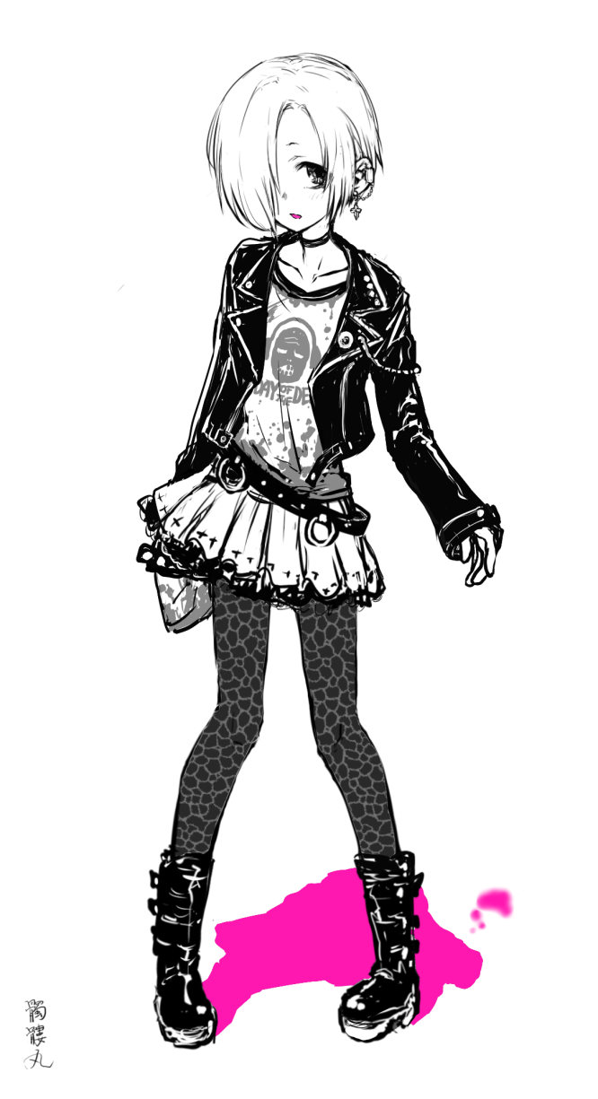 1girl, bag, belt, boots, choker, dokuromarup, earrings, flat_chest, full_body, hair_over_one_eye, handbag, highres, idolmaster, idolmaster_cinderella_girls, jewelry, leather_jacket, leopard_print, lipstick, makeup, pantyhose, pigeon-toed, print_legwear, punk, shirasaka_koume, short_hair, skirt, solo, standing