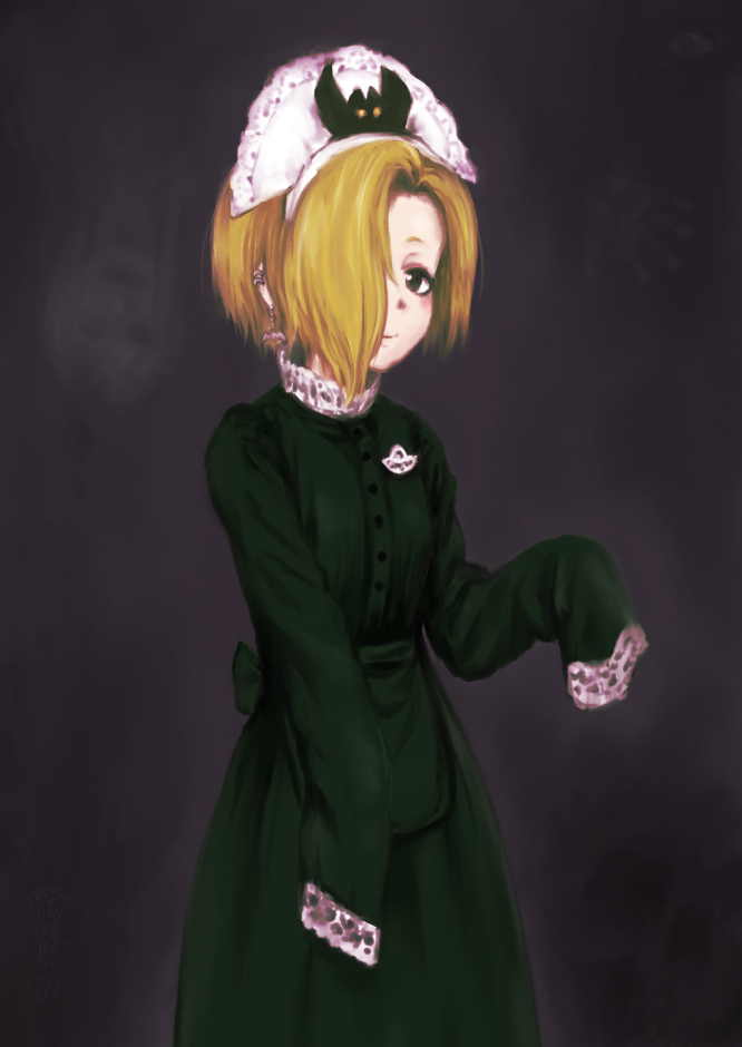 1girl, alternate_costume, apron, blonde_hair, brown_eyes, cowboy_shot, dokuromarup, enmaided