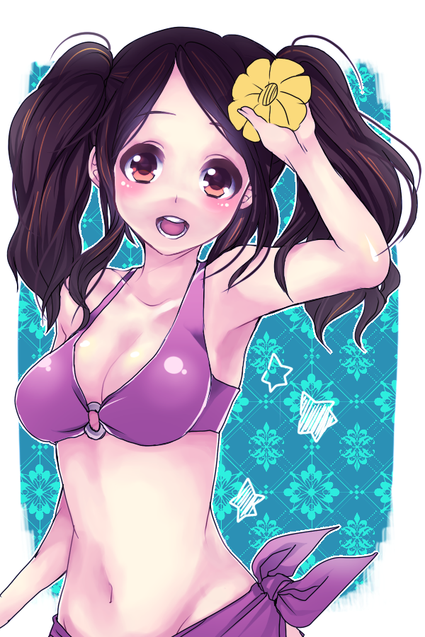 1girl, amagami, bikini, brown_eyes, brown_hair, cleavage, flower, hair_flower