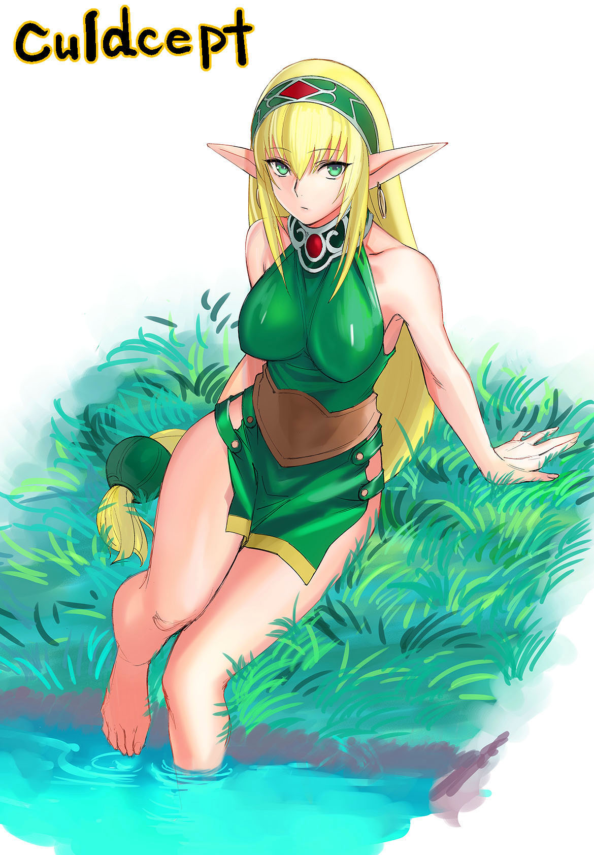 1girl, bare_shoulders, barefoot, belt, blonde_hair, breasts, copyright_name, culdcept, earrings, elf, feet_in_water, grass, hairband, highres, jewelry, kigi, large_breasts, long_hair, low-tied_long_hair, pointy_ears, sitting, soaking_feet, solo, tetsu_(kimuchi), toes, tunic, very_long_hair, water