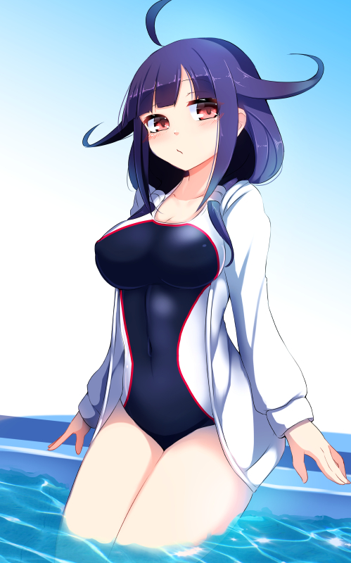 1girl, ahoge, breasts, hair_flaps, kantai_collection, long_hair, low_twintails, one-piece_swimsuit