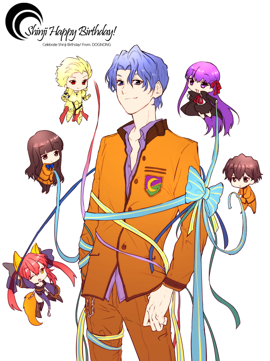 bb_(fate/extra_ccc), blue_hair, caster_(fate/extra), chibi, dognong, fate/extra, fate/extra_ccc, fate_(series), gilgamesh, highres, kishinami_hakuno_(female), kishinami_hakuno_(male), matou_shinji, ribbon, school_uniform