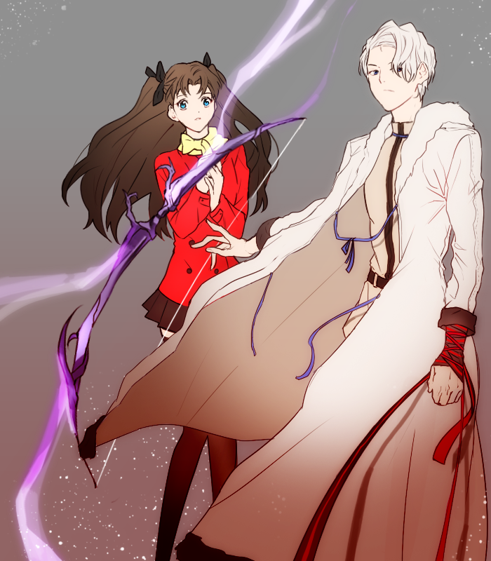 1boy, 1girl, archer, bow_(weapon), brown_hair, dognong, fate/stay_night, fate_(series)