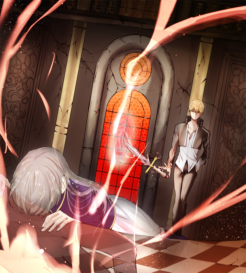 1boy, 1girl, berserker, blonde_hair, dognong, fate/stay_night, fate_(series), gilgamesh