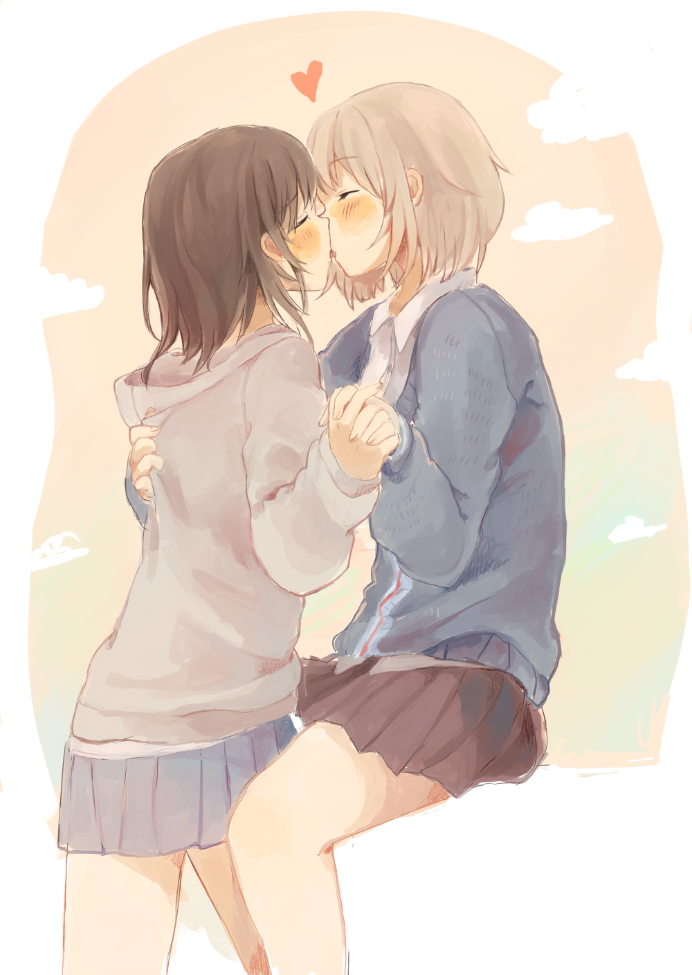 2girls, brown_hair, closed_eyes, foomi, heart, highres, holding_hands, kiss