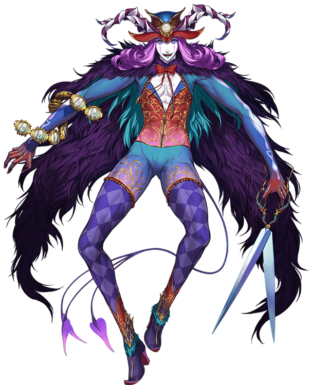 blue_lipstick, cape, caster_(fate/grand_order), clown, fate/grand_order, fate_(series), hat, lipstick, long_hair, makeup, official_art, pale_skin, pantyhose, purple_hair, scissors, shimokoshi