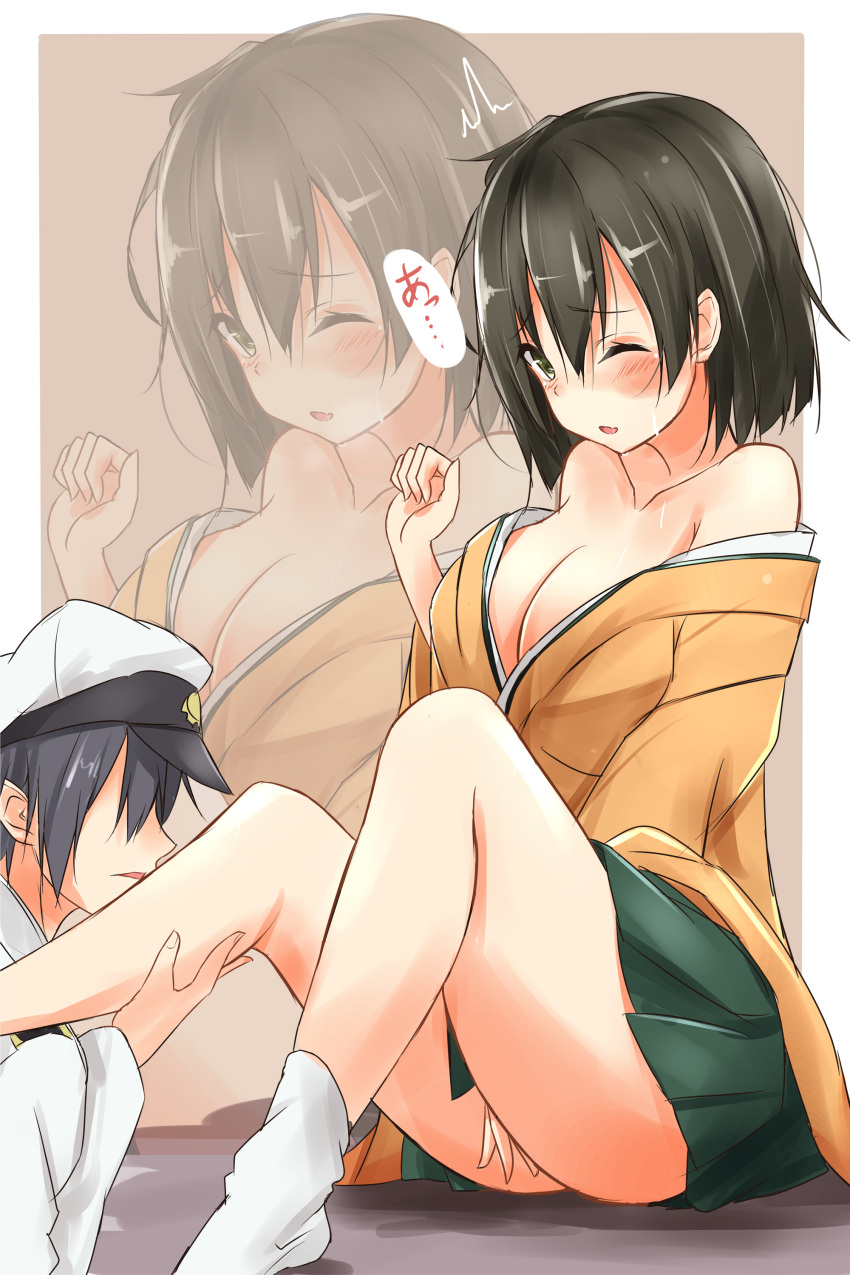 1boy, 1girl, absurdres, admiral_(kantai_collection), bare_shoulders, black_hair, blush, breasts