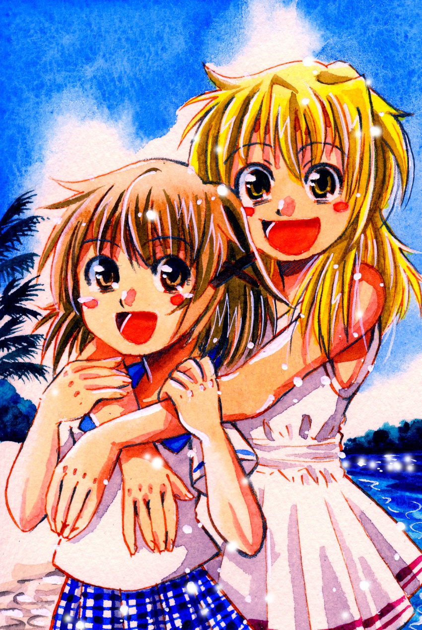 beach, blonde_hair, blush_stickers, brown_hair, happy, hidamari_sketch, highres, hug