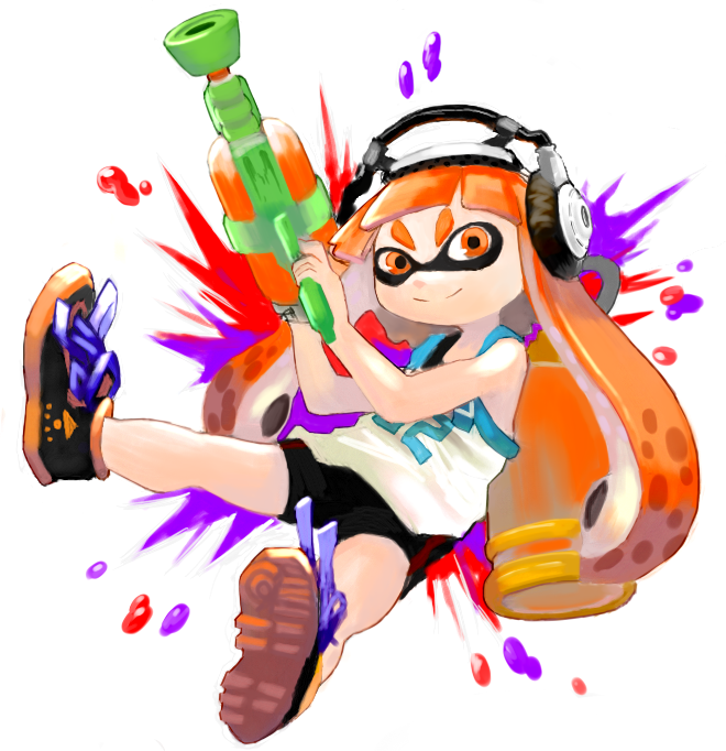 1girl, bike_shorts, headphones, inkling, kineshin, nintendo, orange_eyes, orange_hair