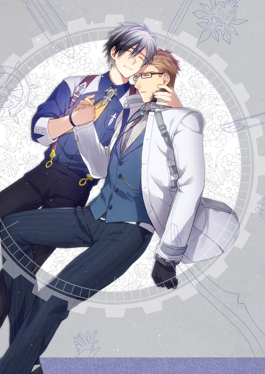 2boys, ana_mix, black_hair, brothers, brown_hair, gears, glasses, highres