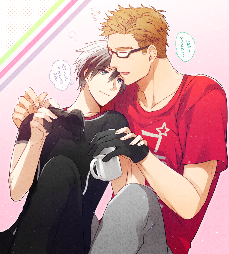 2boys, ana_mix, black_hair, blue_eyes, brothers, brown_hair, controller, cup