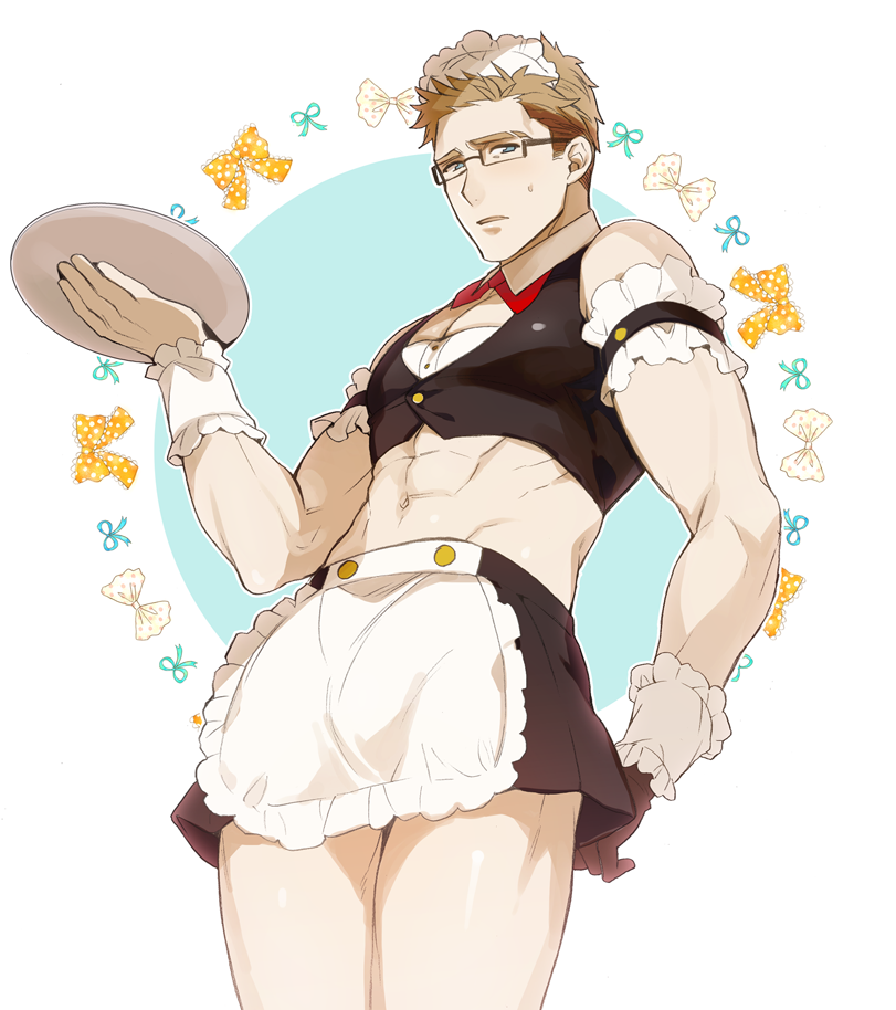 1boy, abs, alternate_costume, ana_mix, apron, armband, blue_eyes, blush