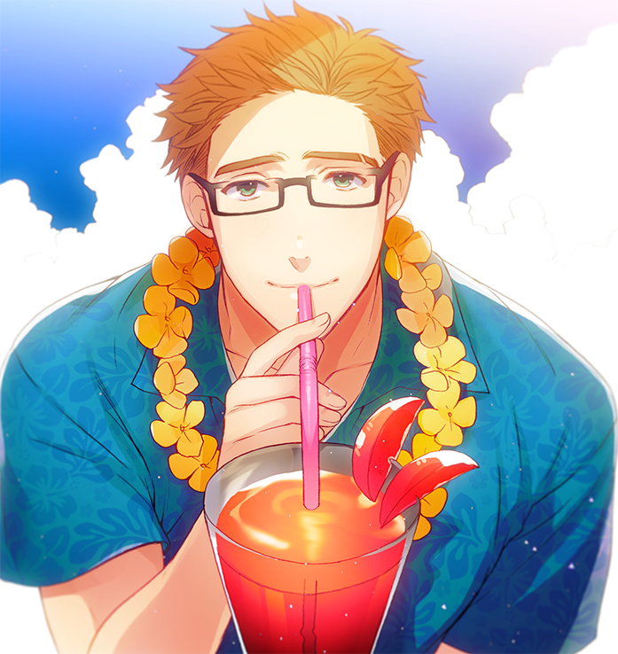 1boy, ana_mix, blue_eyes, brown_hair, casual, drink, flower, flower_necklace