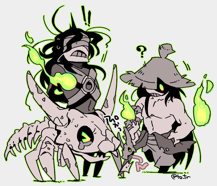 !!, ?, arms_behind_back, bandages, black_hair, chibi, crying, enemy_uchigatana
