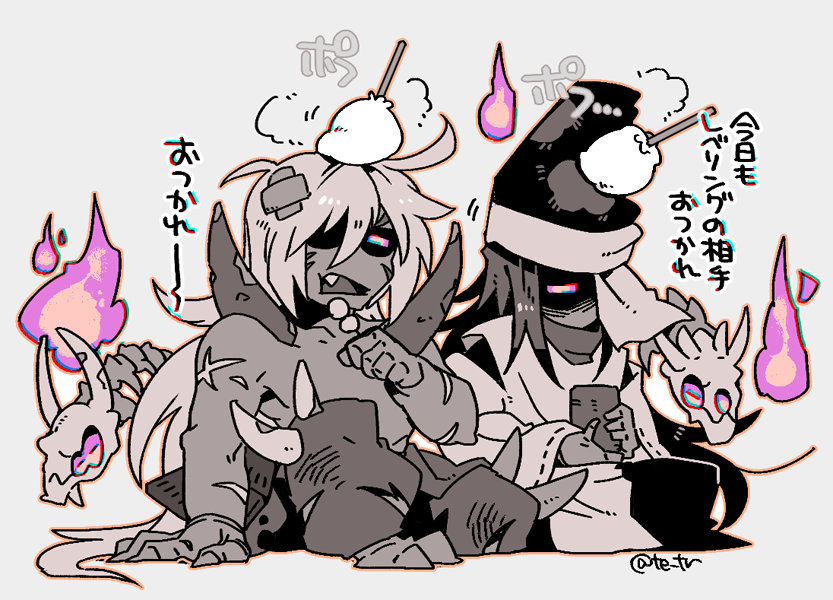 2boys, bandaid, enemy_naginata, enemy_yari, fang, fire, grey_skin, historical_revisionist