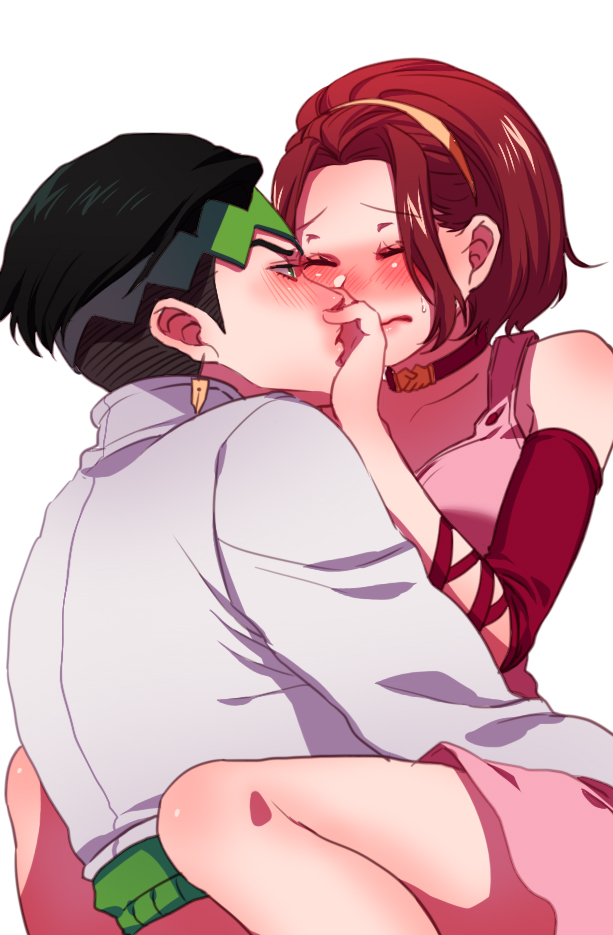 arm_warmers, black_hair, blocking, blocking_kiss, blush, brown_hair, choker, closed_eyes