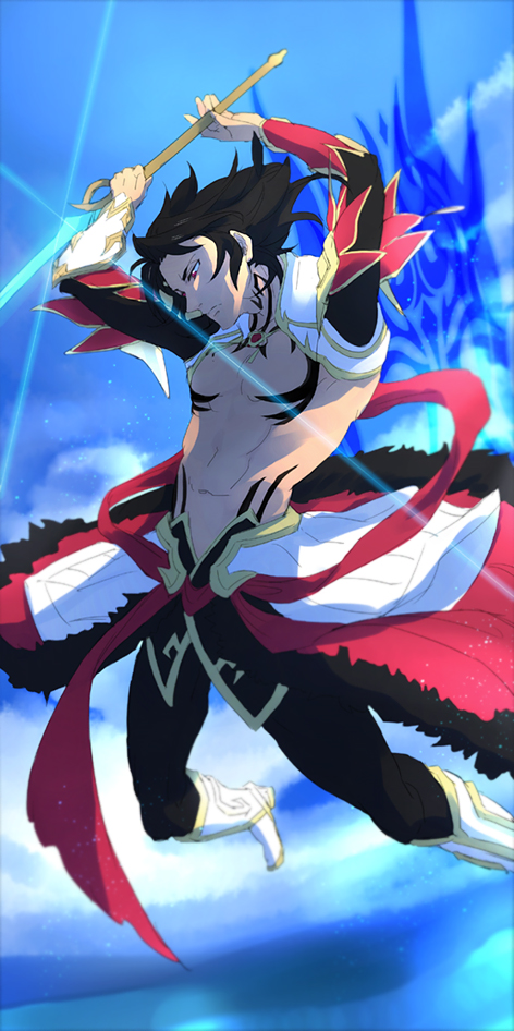 1boy, black_hair, gaius_(tales), glowing, glowing_sword, glowing_weapon, midriff, piko_(pixiv_24613)