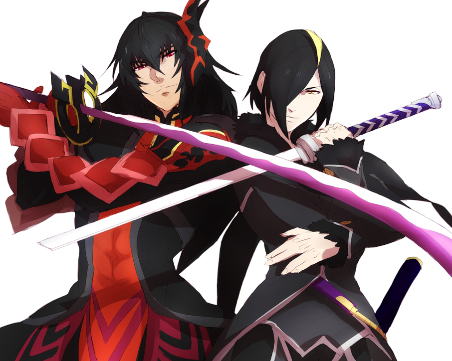 2boys, armor, black_hair, gaius_(tales), katana, multiple_boys, piko_(pixiv_24613), red_eyes