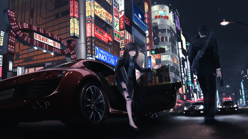 1boy, 1girl, 7-eleven, assault_rifle, audi, audi_r8, beretta_93r, black_hair