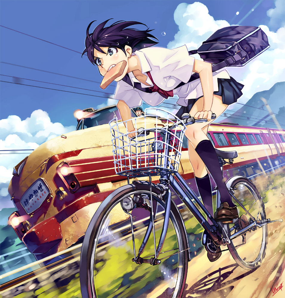 basket, bicycle, black_eyes, black_hair, dutch_angle, kneehighs, motion_blur, mouth_hold