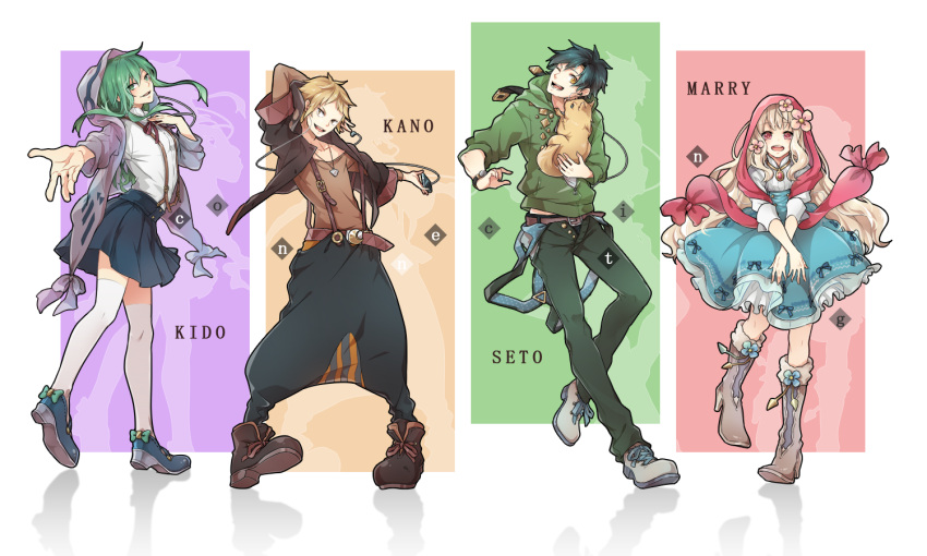 2boys, 2girls, aa_shirotakabu, black_hair, blonde_hair, dog, green_hair, kagerou_project, kano_shuuya, kido_tsubomi, kozakura_mary, long_hair, multiple_boys, multiple_girls, red_eyes, seto_kousuke, short_hair, smile