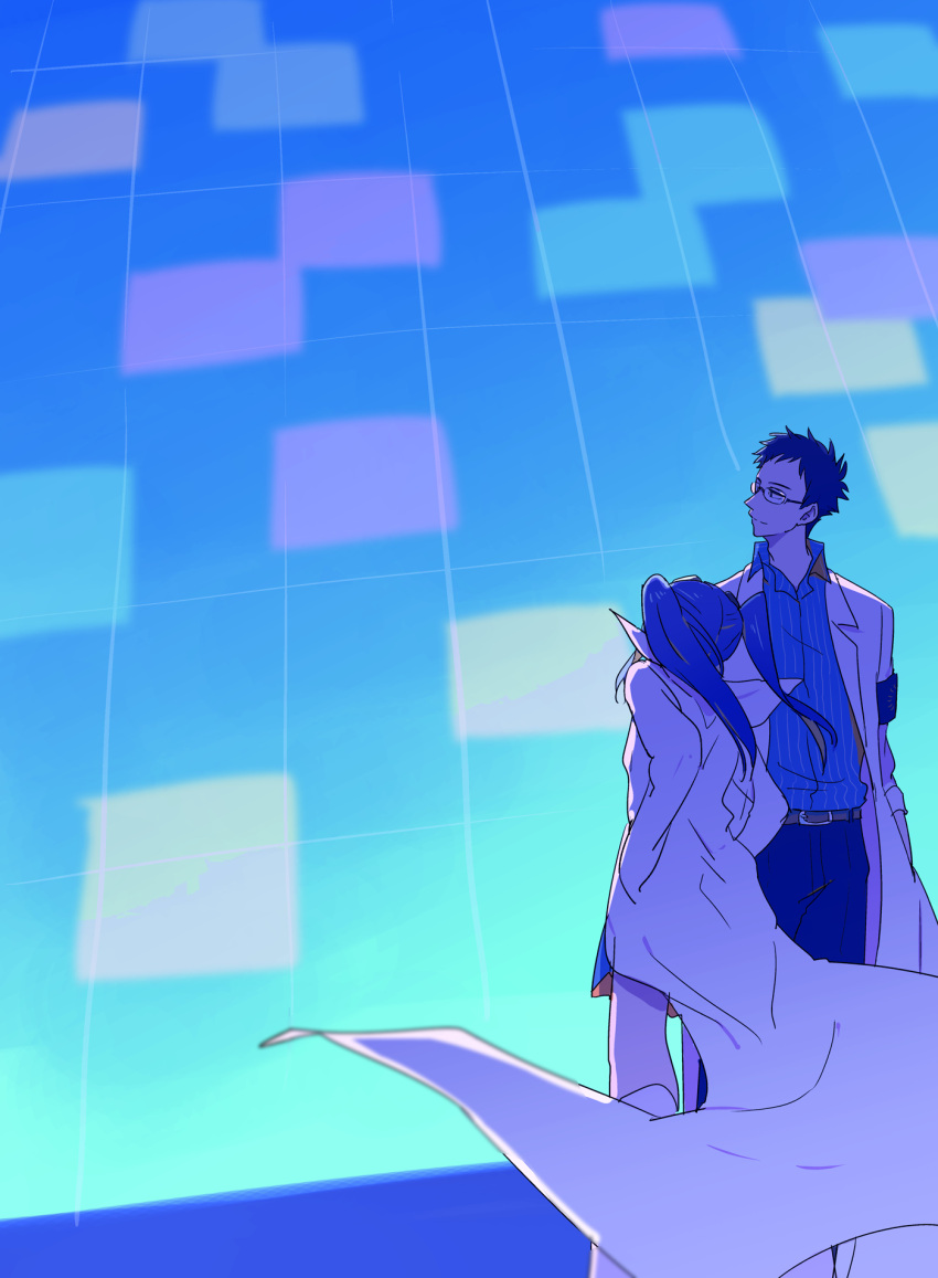 1boy, 1girl, fushimi, glasses, goggles, highres, inoue_(inouetoto), kyousougiga, labcoat, long_hair, professor_shouko