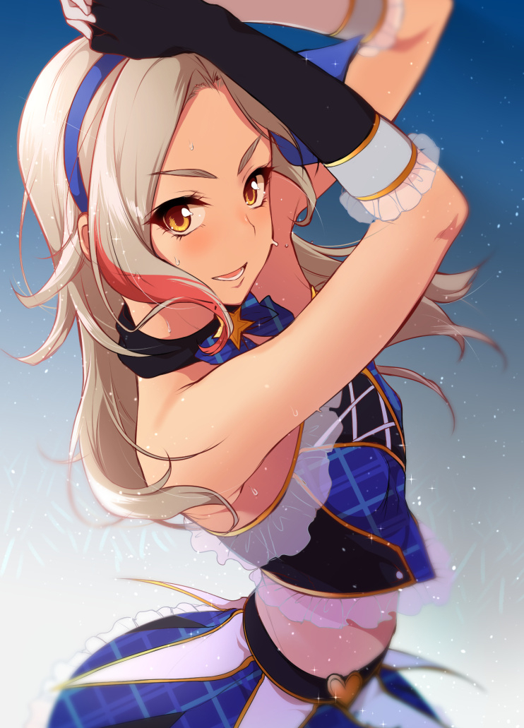 1girl, aikatsu!, arms_up, bare_arms, blush, brown_hair, elbow_gloves, flying_sweatdrops, gloves, hairband, kurosawa_rin_(aikatsu!), long_hair, looking_at_viewer, midriff, open_mouth, pochi_(pochi-goya), smile, solo, sweat, yellow_eyes
