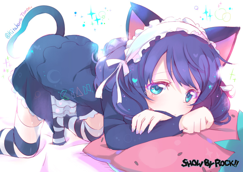 1girl, all_fours, animal_ears, artist_name, bangs, blue_eyes, blue_hair, cat_ears