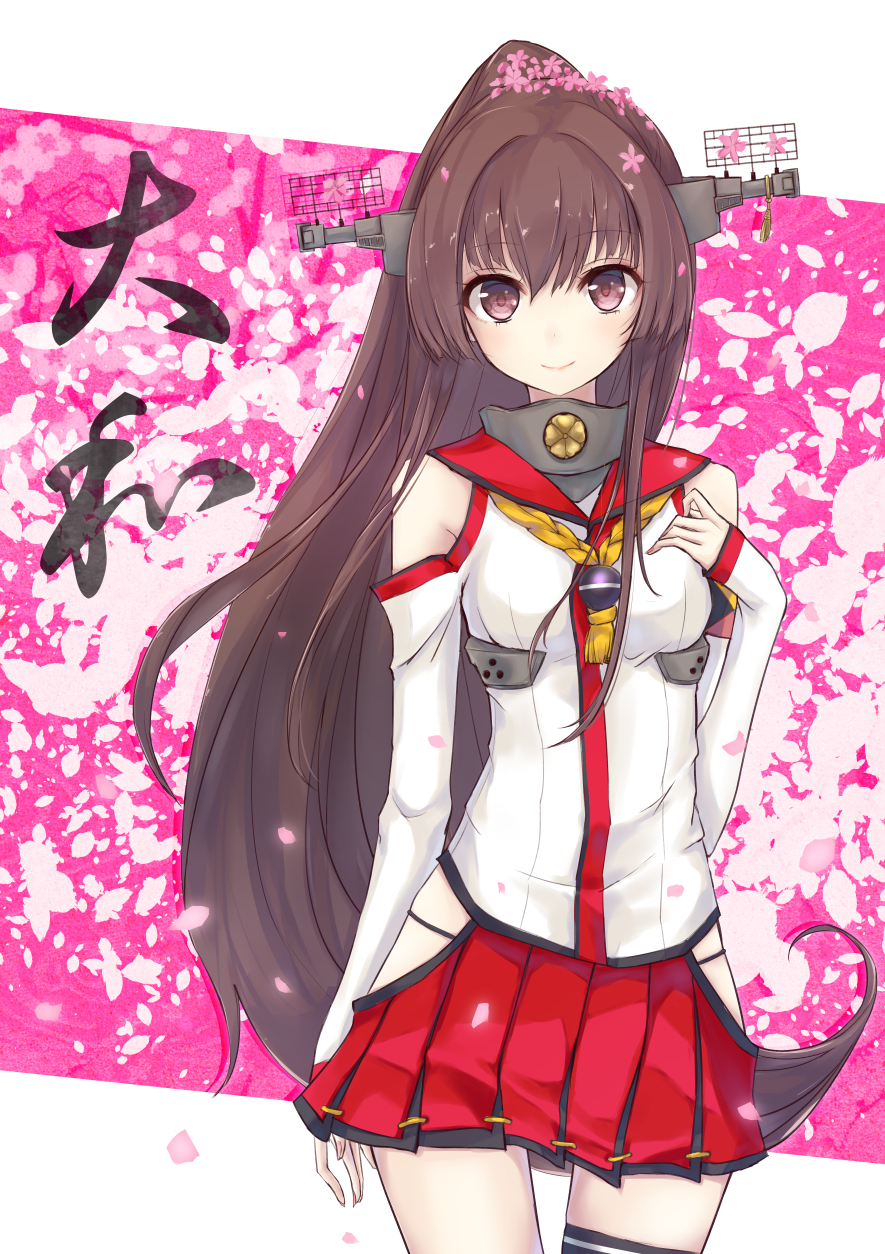 1girl, asymmetrical_legwear, bare_shoulders, brown_eyes, brown_hair, cowboy_shot, detached_sleeves, flower