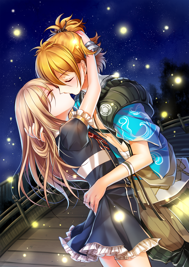2boys, blonde_hair, closed_eyes, dress, fireflies, hand_in_another's_hair, japanese_clothes, kiss