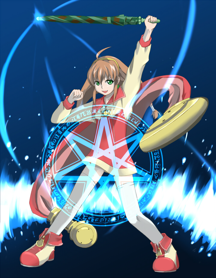 ahoge, arm_up, blue_legwear, brown_hair, cape, closed_umbrella, green_eyes, hairband