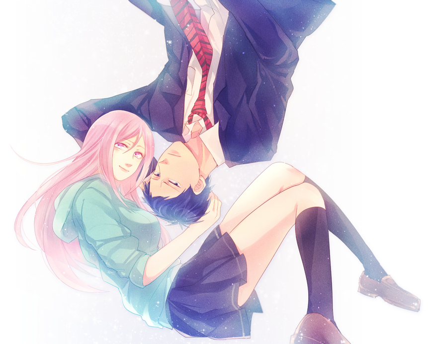 1boy, 1girl, aomine_daiki, blue_hair, dark_skin, kokoen, kuroko_no_basuke, long_hair, momoi_satsuki, pink_eyes, pink_hair, school_uniform, short_hair, smile