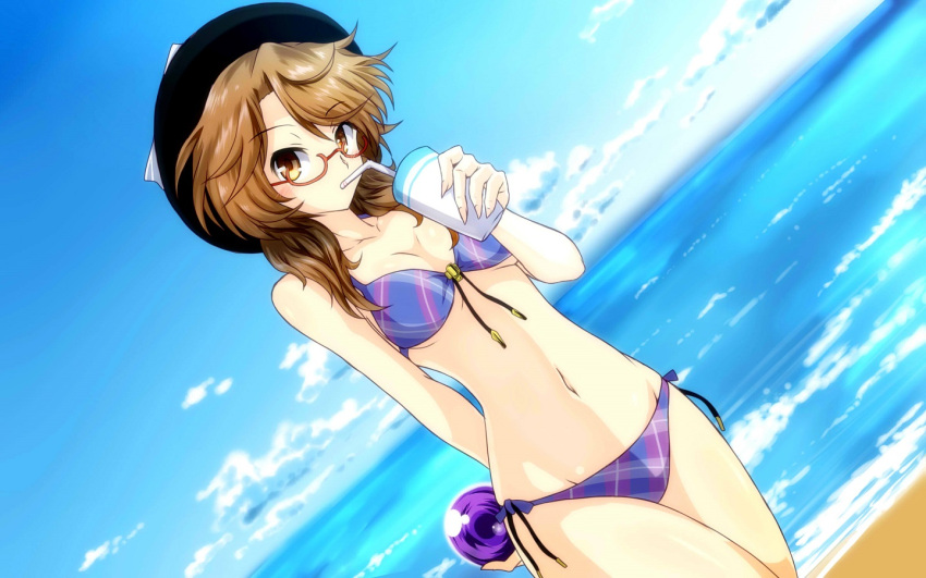 1girl, beach, bikini, bow, brown_eyes, brown_hair, drink, drinking