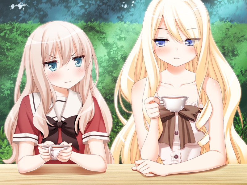 2girls, blonde_hair, blue_eyes, blush, bow, collarbone, cup, game_cg