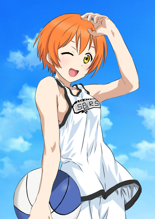 1girl, ;), ball, basketball, basketball_uniform, blue_sky, blush, hoshizora_rin