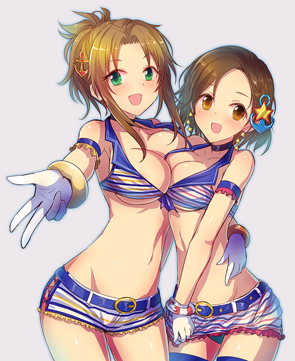 2girls, :d, anchor_hair_ornament, bracelet, breast_press, breasts, brown_eyes, brown_hair