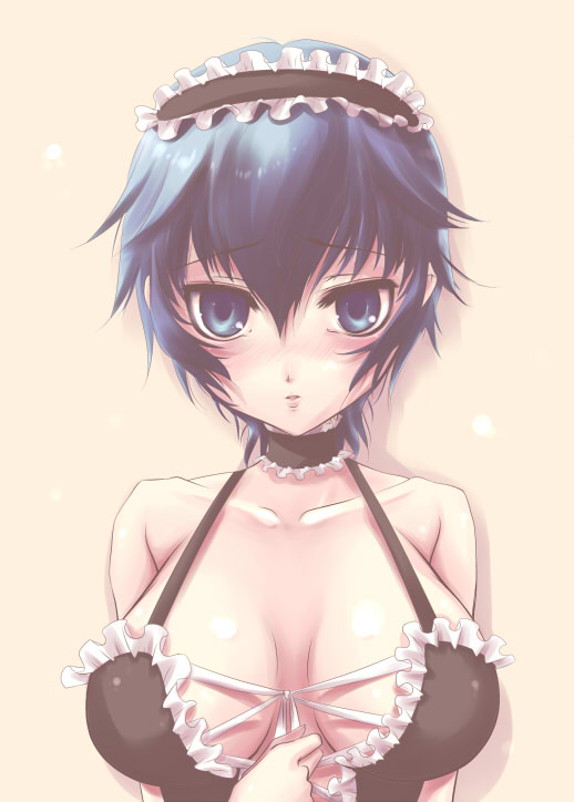 blue_hair, blush, breasts, bustier, choker, cleavage, large_breasts, maid