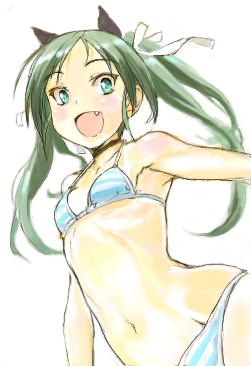 1girl, :d, aqua_eyes, bikini, blush, choker, collarbone, fang