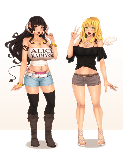 2girls, angel, angel_wings, black_hair, blonde_hair, blush, boots, bracelet