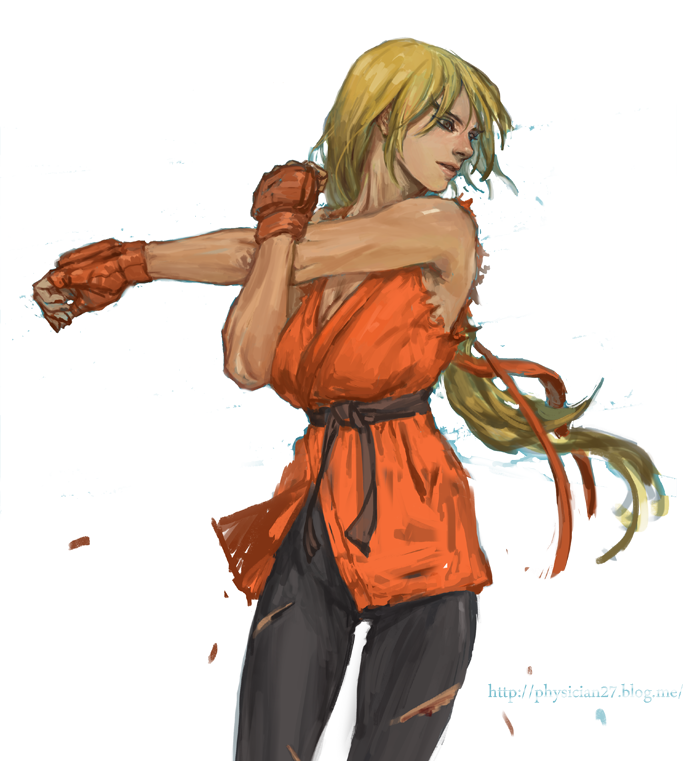 1girl, alternate_color, blonde_hair, blue_eyes, dougi, female, fingerless_gloves, genderswap