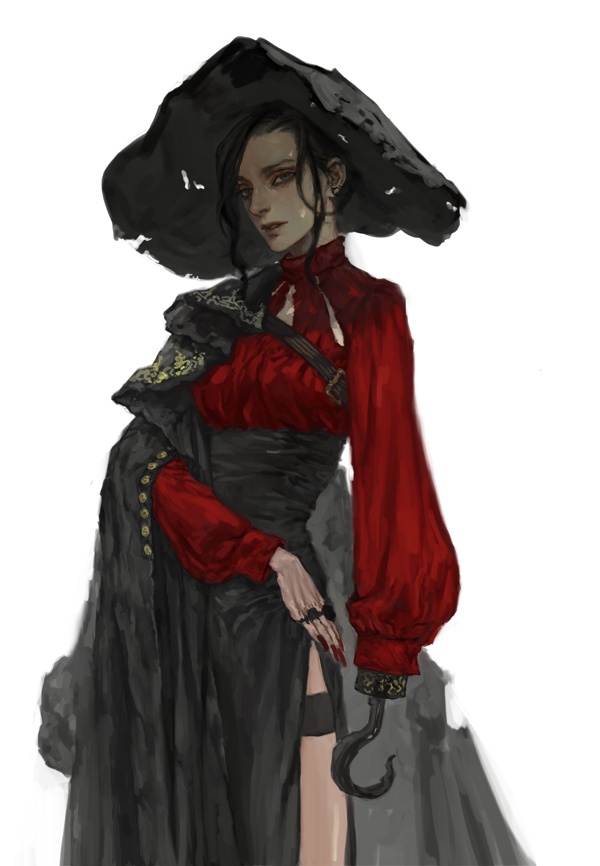 1girl, amputee, black_hair, captain_hook, cloak, female, garters, genderswap