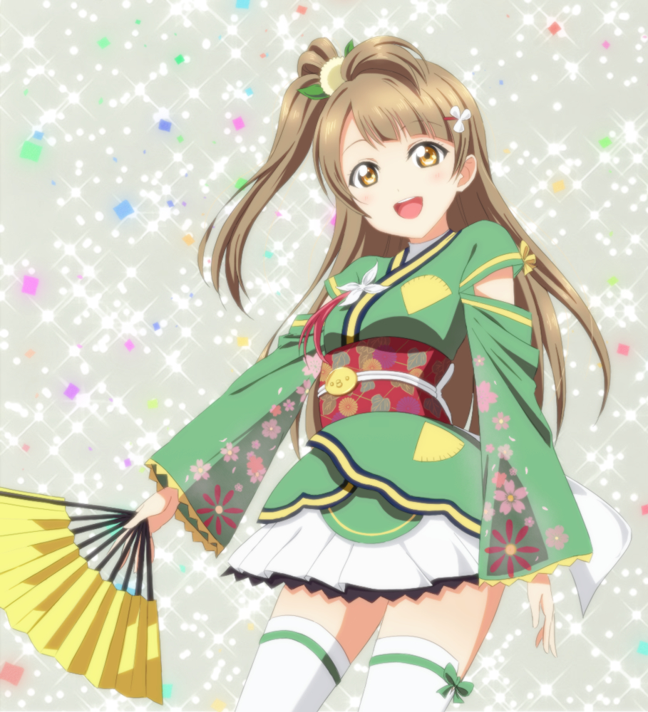 blush, brown_eyes, brown_hair, fan, hair_pins, happy, long_hair, love_live!_school_idol_project