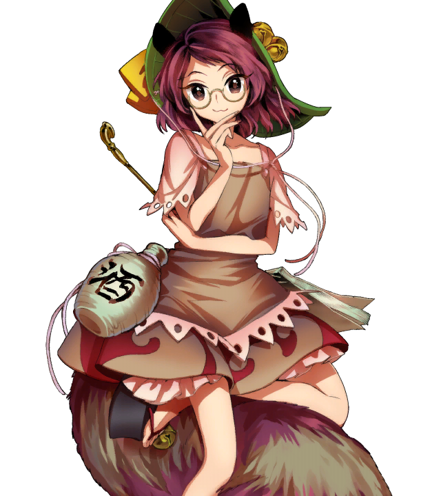 1girl, :3, animal_ears, brown_eyes, brown_hair, futatsuiwa_mamizou, glasses, hand_on_own_chin