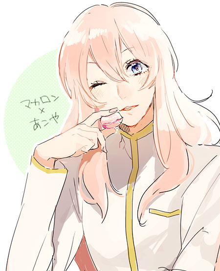 1boy, androgynous, binan_koukou_chikyuu_bouei-bu_love!, blue_eyes, blush, character_name, gero_akoya, ioko, long_hair, macaron, male_focus, one_eye_closed, open_mouth, pink_hair, school_uniform, solo, translated