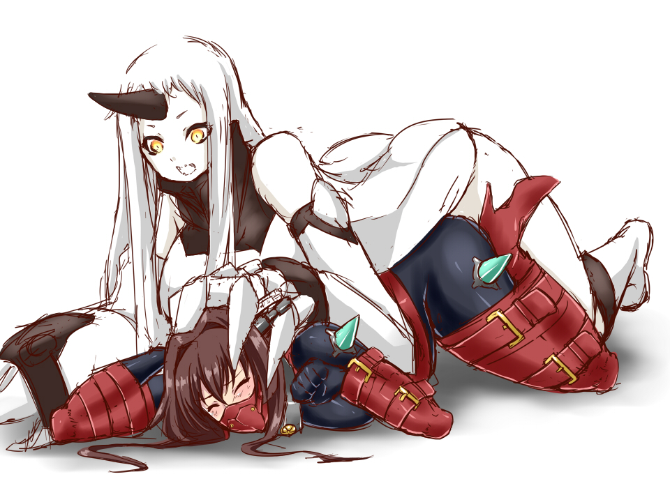 bdsm, blush, bodysuit, bondage, bondage_outfit, boots, brown_eyes, claws, closed_eyes, gag, gagged, high_heel_boots, high_heels, horn, kantai_collection, latex, long_sleeves, lying_on_person, maron_(kagamikunn), masked, open_mouth, orange_eyes, poncho, pony_girl, seaport_hime, white_background, white_hair, yamato_(kantai_collection)