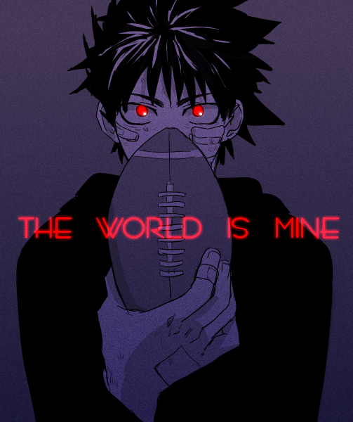 1boy, bandaid, english, eyeshield_21, glowing, glowing_eyes, kobayakawa_sena, looking_at_viewer
