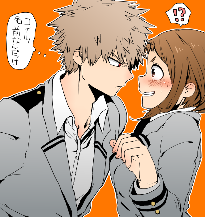 !?, 1boy, 1girl, bakugou_katsuki, blush, boku_no_hero_academia, face-to-face, glaring, looking_at_another, school_uniform, sinnpatilove, translation_request, uniform, uraraka_ochako