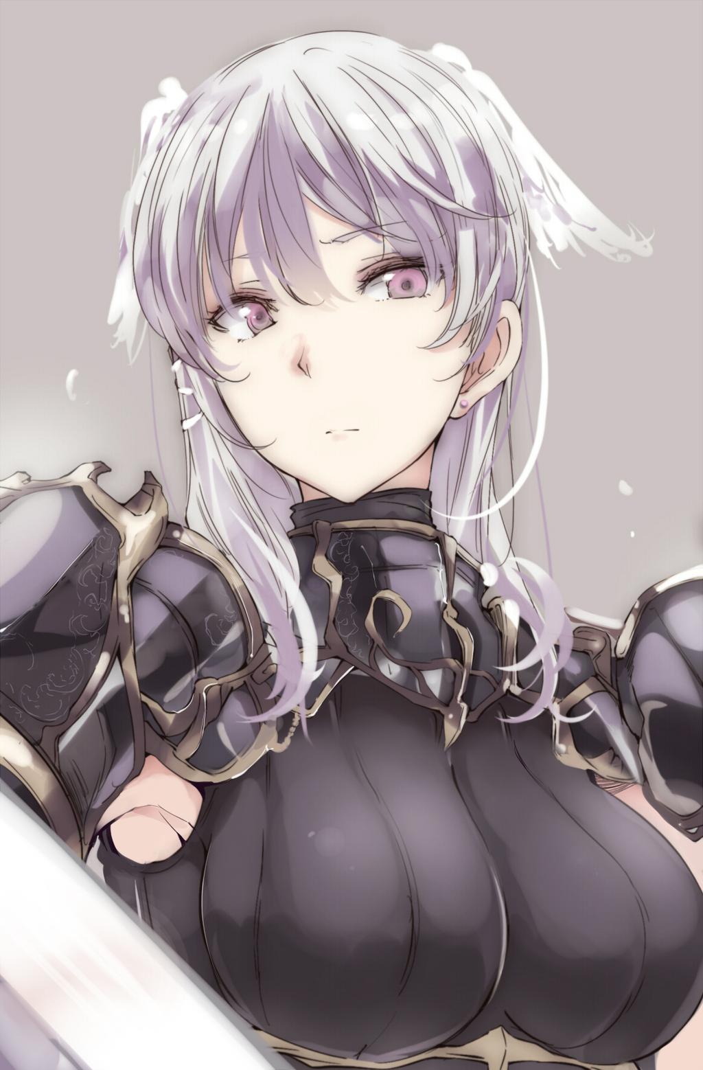 1girl, armpits, breasts, earrings, grey_background, highres, jewelry, long_hair, original, pink_eyes, shoulder_armour, simple_background, solo, touma_kisa, white_hair