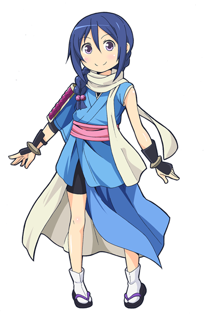>:), 1girl, asymmetrical_clothes, bike_shorts, blue_hair, braid, hair_bobbles, hair_ornament, kanpani_girls, madoka_muguruma, masaki_itsuki, sandals, scarf, smile, violet_eyes, white_background